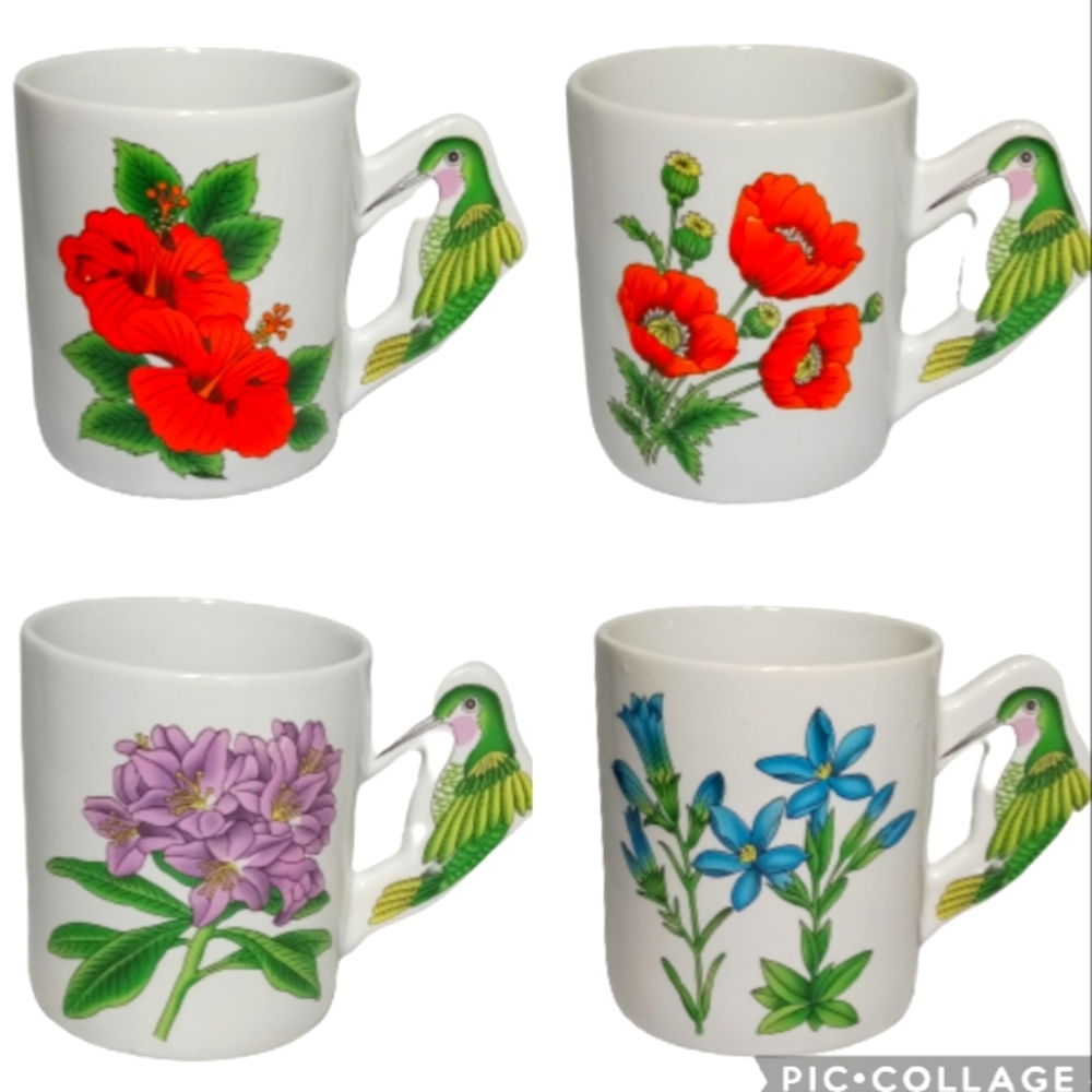 Set of 4 PMC Hummingbird Floral Coffee Mugs
